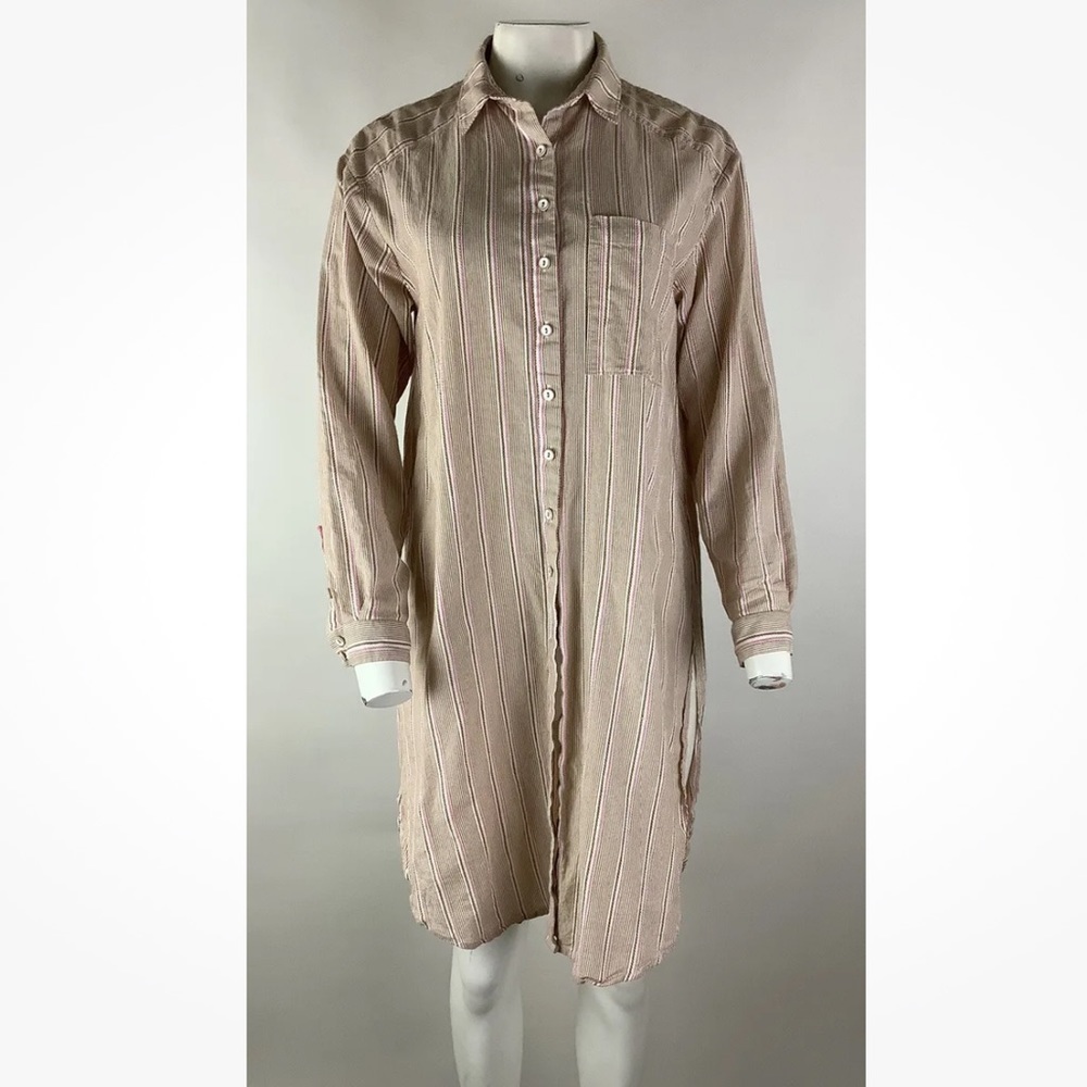 Anthropologie Sz S Long Sleeve Buttoned Boy Shirt Dress Tan Pink 100% Cotton